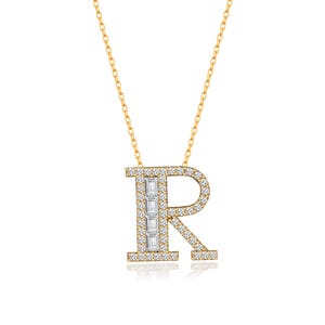 Collar con letra de diamante en oro de 14 quilates, collar con letra de oro, collar con inicial R, collar con letra R, collar con nombre, regalo para ella