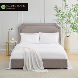 May include: A white bed with a gray headboard and a white blanket. The bed is made with white sheets and pillows with a black trim. The bed is in a room with a white wall and a plant in a vase.