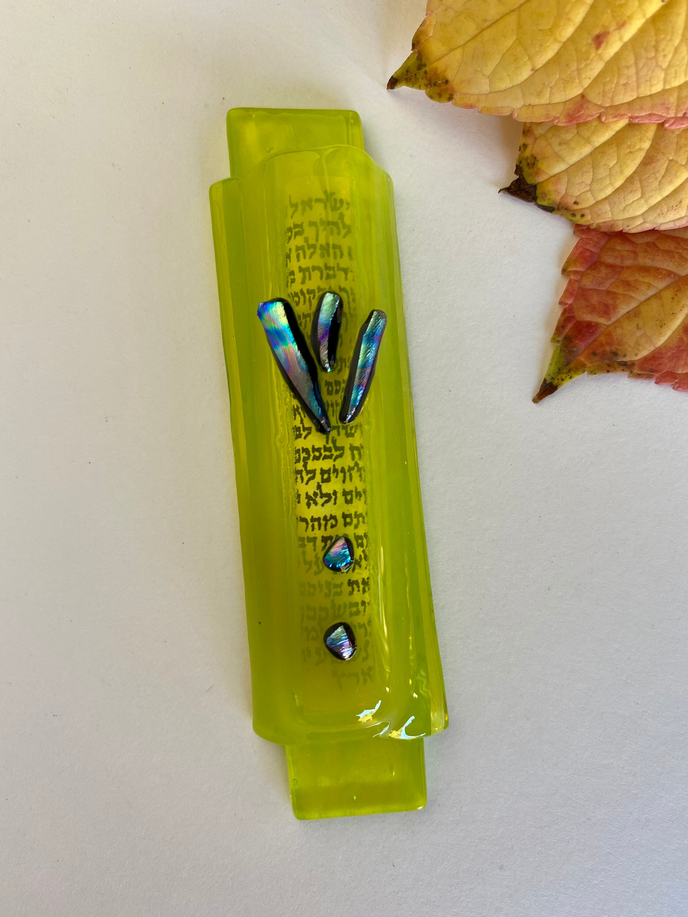 Limegreen Glass Mezuzah Case With a Dichroic shin on Limegreen Glass