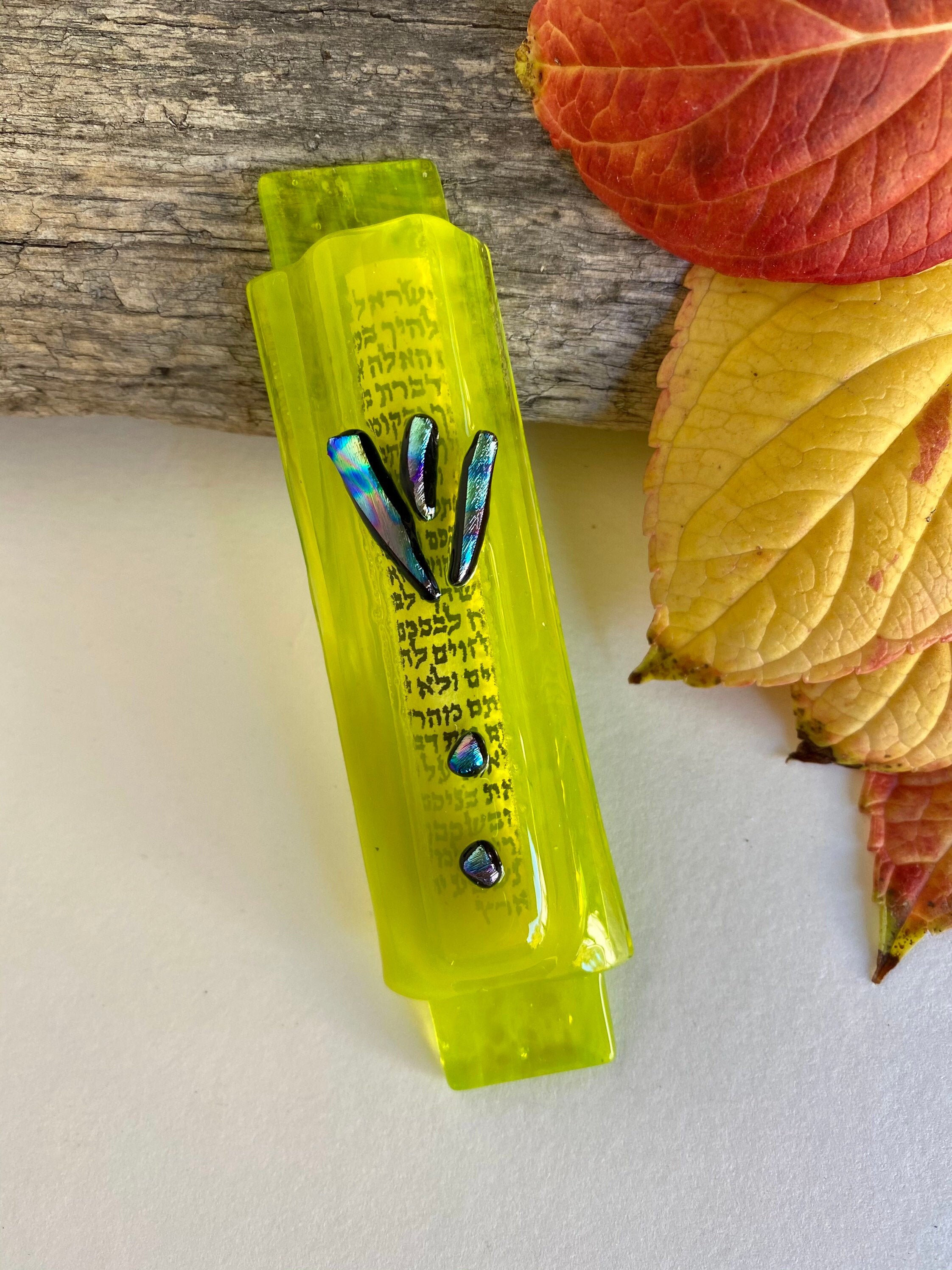 Limegreen Glass Mezuzah Case With a Dichroic shin on Limegreen Glass