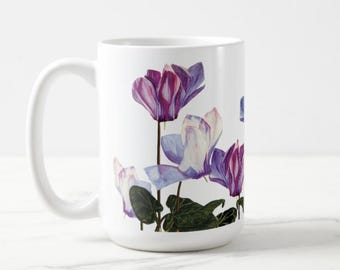 Floral Coffee Mug: Cyclamen Watercolor Design, 15 oz Ceramic Tea Cup