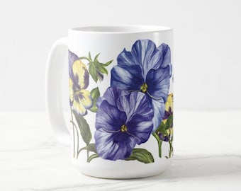 Floral Coffee Mug, Pansy Watercolor Painting, Tea Cup, Gift for Her