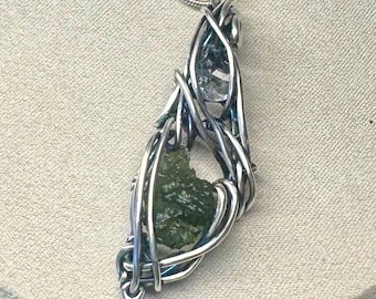 Sterling Silber Moldavit und Herkimer Diamant Anhänger