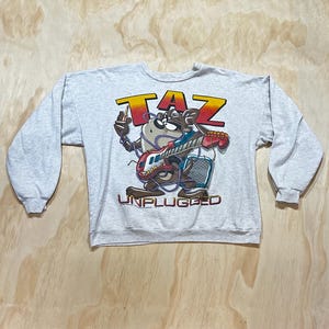 VTG 90s Taz Unplugged Crewneck • 1994 Warner Bros • Novel Teez Design • Taz Guitar Rocker
