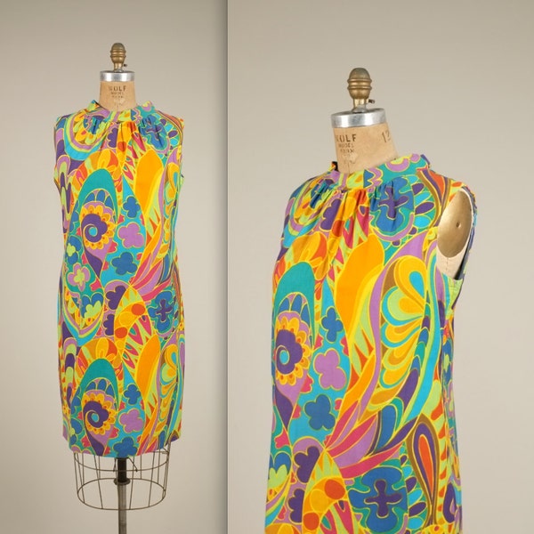 1960s bright psychedelic dress • vintage 60s dress • sleeveless summer dress