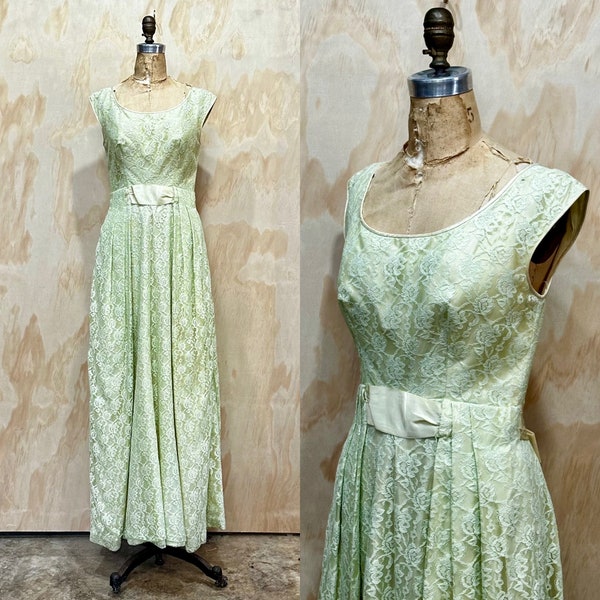 VTG 1960's Lime Floral Silk Lace Dress • Full Length Evening Gown Formal Party Dress