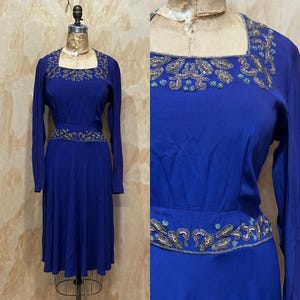 VTG Late 1930s early 40s  Beaded Crepe Dress • Beautiful Royal Blue • Cocktail Dress