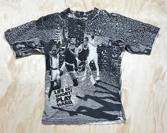Vtg 90s Rare REEBOK BlackTop Shirt • Life is short play hard • Basketball Hooping Allover Print