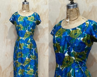 VTG Blue Floral Polynesian Casuals Hawaiian Dress • Vibrant Colours • Summer Party Dress • 100% Silk