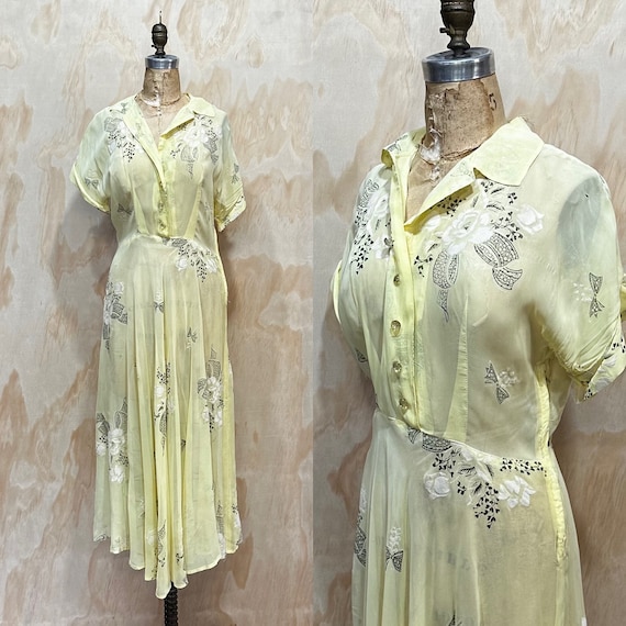 VTG 1950s soft Yellow floral dress • Sheer Dress •
