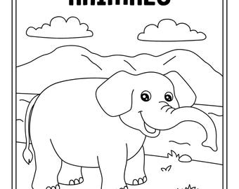 Puede incluir: Portada de libro para colorear en blanco y negro con el texto "AFRICAN ANIMALS" encima de "Poem & Coloring Book". Un elefante está en el centro, con un paisaje de colinas y nubes de fondo. El elefante está sonriendo.