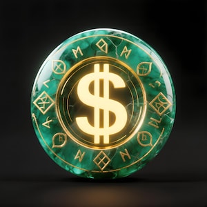 May include: A round, green, and gold coin with a dollar sign in the center. The coin has a malachite-like texture and is surrounded by gold symbols. The dollar sign glows brightly against the dark background.