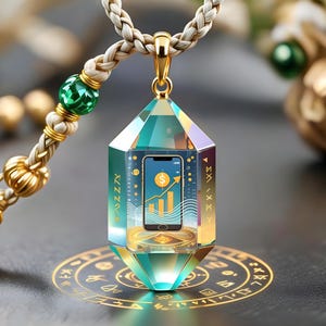 Op de afbeelding: Een gouden hangerketting met een groot, facetgeslepen kristal met een smartphone-afbeelding erin. De smartphone toont een financieel diagram met een pijltje omhoog. Het kristal hangt aan een gevlochten koord.