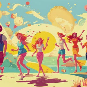 May include: A group of five friends, three women and two men, are walking along a path. They are all smiling and laughing. The background is a colorful landscape with clouds and a bright sun.