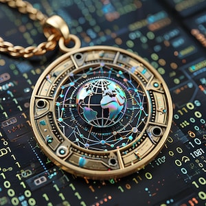 May include: A gold-colored pendant necklace featuring a detailed circular design with a globe at the center. The globe has a colorful, iridescent finish. The pendant is on a gold chain, set against a background of binary code.