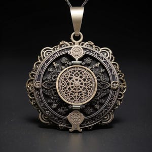 Può includere: Una collana con un ciondolo rotondo in argento e nero, decorato con dettagli intricati e un cerchio interno rotante. Il ciondolo ha un bordo ornato e dettagliato, uno sfondo nero con accenti argentati.