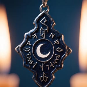 May include: A silver-toned pendant on a matching chain, featuring a diamond-shaped frame with a dark, textured surface. A central crescent moon icon is surrounded by engraved runic-style symbols. The metal has a weathered, antique finish.