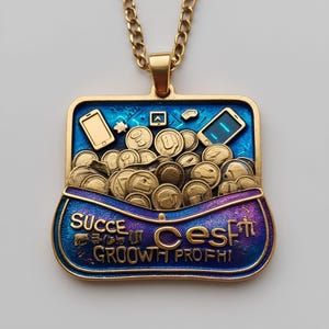 May include: Gold-toned pendant necklace with a rectangular frame and a purse-shaped bottom. The pendant features coins, smartphones, and the words "SUCCE", "Ces", "GROOWH PROFI". The pendant hangs from a gold chain.