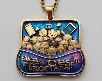 May include: Gold-toned pendant necklace with a rectangular frame and a purse-shaped bottom. The pendant features coins, smartphones, and the words "SUCCE", "Ces", "GROOWH PROFI". The pendant hangs from a gold chain.