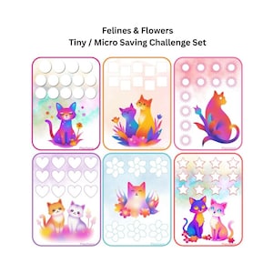 May include: A set of six colorful saving challenge cards featuring watercolor illustrations of cats and flowers. Each card has a different design, with various shapes for tracking savings. The text "Felines & Flowers Tiny / Micro Saving Challenge Set" is at the top.