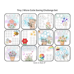 Op de afbeelding: Een set van twaalf Tiny/Micro Cutie Saving Challenge-kaarten. Elke kaart heeft een uniek aquarelontwerp met bloemen- en dierenillustraties. De kaarten meten 6,1 x 6,1 cm.