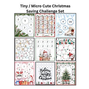 May include: A Tiny / Micro Cute Christmas Saving Challenge Set featuring nine individual printable sheets with festive illustrations including gingerbread men, snowmen, Christmas trees, and ornaments, with various numbered circles and stars.