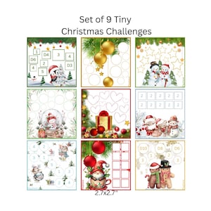 May include: A set of 9 tiny Christmas challenges featuring festive illustrations of snowmen, gnomes, and ornaments. Each square card measures 2.7x2.7 inches and includes various grids, circles, and heart-shaped outlines for tracking holiday activities.