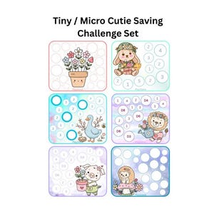 Könnte beinhalten: Ein Set aus sechs farbenfrohen Spar-Challenge-Karten mit niedlichen Illustrationen von Tieren und Blumen. Die Karten haben ein Pastellfarbschema und zeigen den Text "Tiny / Micro Cutie Saving Challenge Set". Jede Karte hat ein anderes Design.