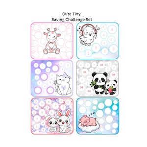Puede incluir: Un conjunto de seis tarjetas de desafío de ahorro coloridas con ilustraciones de animales lindos. Cada tarjeta presenta un animal diferente, incluyendo un ciervo, un pájaro, un gato, un panda, conejos y un cerdo. El texto "Cute Tiny Saving Challenge Set" está en la parte superior.