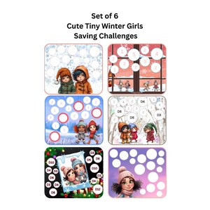 Puede incluir: Conjunto de seis retos de ahorro rectangulares con ilustraciones de lindas chicas de invierno. Cada reto tiene un diseño diferente, con diferentes fondos e ilustraciones de niños con ropa de invierno. Se muestra el texto "Cute Tiny Winter Girls Saving Challenges".
