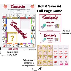 Puede incluir: Un juego de mesa "Saveopoly" que incluye un tablero de juego de página completa (28 x 21,6 cm), tableros y cartas. El tablero presenta espacios con números y signos de interrogación. El juego está diseñado para ayudar a los jugadores a ahorrar dinero.