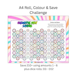 Może przedstawiać: Prostokątny arkusz do śledzenia oszczędności A4 Roll, Colour & Save Challenge z różowo-pomarańczowym spiralnym tłem. Zawiera rzędy okrągłych ikon z liczbami 1-6 oraz etykietami D3-D12, z napisem Colourful Cash Savings.