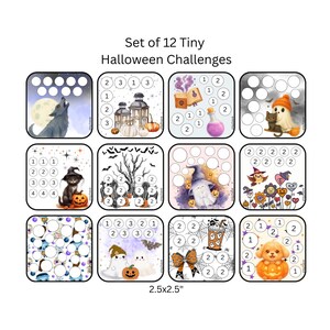 Peut inclure: Un ensemble de 12 petites cartes de défis d'Halloween, mesurant chacune 6,35x6,35 cm. Les cartes présentent des illustrations de loups, fantômes, chats, citrouilles et potions, avec des cercles numérotés. Le texte indique Set of 12 Tiny Halloween Challenges.