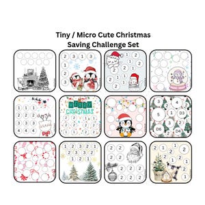 Op de afbeelding: Een Tiny / Micro Cute Christmas spaaruitdaging-set bestaande uit twaalf vierkante kaarten met diverse kerstillustraties zoals pinguïns, katten, sneeuwpoppen, de Kerstman en kerstbomen, elk voorzien van genummerde cirkels voor spaardoelen.