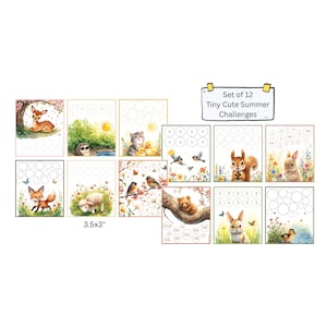 May include: A set of 12 Tiny Cute Summer Challenges cards measuring 3.5x3 inches. Each card features watercolor-style illustrations of animals like foxes, rabbits, bears, and birds, alongside empty circles for tracking progress and summer-themed motifs.
