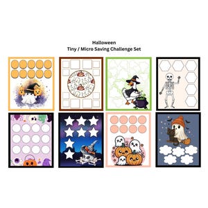 Pode incluir: Um conjunto de oito cartões de desafio de poupança Tiny/Micro com tema de Halloween. Cada cartão apresenta um design diferente, incluindo fantasmas, abóboras, esqueletos e bruxas. Os cartões são emoldurados em preto.