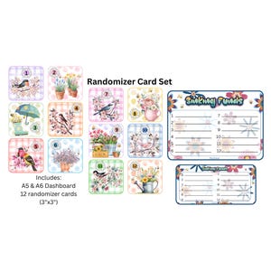 May include: A Randomizer Card Set featuring 12 cards with floral and bird illustrations, along with A5 and A6 dashboards. Each card measures 3"x3". The set includes the text "Sinking Funds".