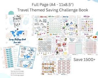 May include: A travel-themed saving challenge book with various pages for tracking savings. The book includes a saving record page, A5 & A6 dashboard, and 10 challenge pages. The cover features a world map and the text "Travel is to Live".