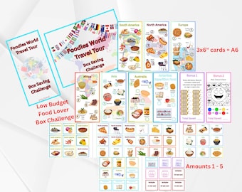 May include: A collection of colorful cards and promotional materials for a "Foodies World Travel Tour" and "Low Budget Food Lover Box Challenge." The cards feature food illustrations, world flags, and the text "3x6" cards = A6" and "Amounts 1-5."