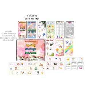 May include: A collection of colorful spring-themed game cards and sections. The main card features the text "Spring Savings Success" with floral and watercolor designs. Includes A5 & A6 dashboard, 6 sections (3x6 inches), 2 bonus game sections, and 46 cards (3x2 inches).