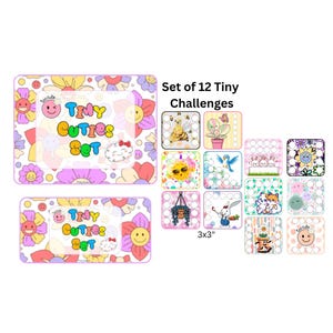 Puede incluir: Un conjunto de 12 tarjetas Tiny Challenges con coloridas ilustraciones de estilo caricatura de abejas, plantas, animales y caras sonrientes. Cada tarjeta incluye una cuadrícula de círculos para seguir el progreso. El texto dice Set of 12 Tiny Challenges 3x3 inches.