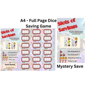 以下が含まれることがあります： 「Slots of Savings」のテキストが入ったA4サイズのサイコロ貯金ゲームシート。 「Save」とラベル付けされたボックスのグリッドと、サイコロとフルーツのシンボルが付いた小さなセクションがあります。 「Mystery Save」のテキストも表示されています。