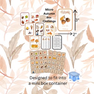 May include: A set of printable autumn-themed game cards and tokens designed to fit into a 7.6 cm by 5.1 cm mini box container. The cards feature illustrations of acorns, mushrooms, scarecrows, and other autumnal elements. The text on the cards includes "Micro Autumn Box Challenge" and "Hodgepodge Race".