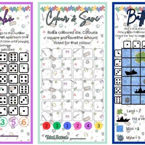Pode incluir: Tr&ecirc;s tabuleiros de jogos coloridos com instru&ccedil;&otilde;es para Plinko, Colour & Save e Battleship. Cada tabuleiro apresenta um design &uacute;nico e regras, com dados e grelhas para o jogo. Os jogos s&atilde;o projetados para poupar dinheiro.