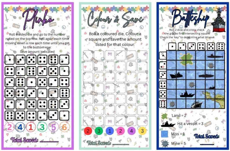 Pode incluir: Tr&ecirc;s tabuleiros de jogos coloridos com instru&ccedil;&otilde;es para Plinko, Colour & Save e Battleship. Cada tabuleiro apresenta um design &uacute;nico e regras, com dados e grelhas para o jogo. Os jogos s&atilde;o projetados para poupar dinheiro.