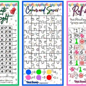 Pode incluir: Tr&ecirc;s folhas de jogo coloridas com designs diferentes. Uma diz "Eliminate All Eight" com uma grade de n&uacute;meros. Outra diz "Colour and Save" com um quebra-cabe&ccedil;a. A terceira diz "Roll & Save" com uma grade e dados.