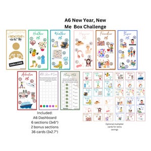 May include: A6 New Year, New Me Box Challenge set. Includes an A6 dashboard, six 3x6 inch sections, two bonus sections, and 36 cards measuring 3x2.7 inches. The set features colorful illustrations and text for goal setting.