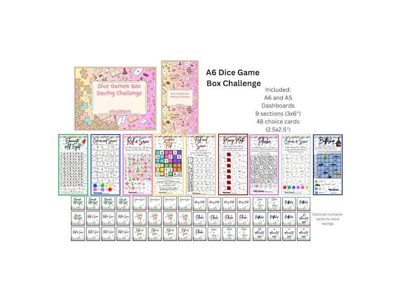Pode incluir: Conjunto A6 Dice Game Box Challenge. Inclui pain&eacute;is A6 e A5, 9 se&ccedil;&otilde;es (7,6 x 15,2 cm) e 48 cart&otilde;es de escolha (6,4 x 6,4 cm). O conjunto apresenta um esquema de cores rosa e pastel com o texto "Dice Games Box Saving Challenge".