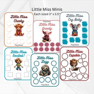 May include: Set of 6 printable Little Miss character cards, each measuring 3 inches by 3.5 inches. The cards feature different characters from the Little Miss series, including Little Miss Cheeky, Little Miss Cry Baby, Little Miss Greedy, Little Miss Excited, Little Miss Lazy, and Little Miss Capable.