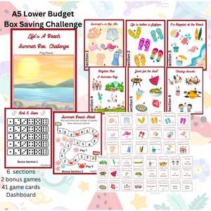 Puede incluir: Un tablero de juego colorido con el título "Life's A Beach Summer Box Challenge". El tablero incluye seis secciones, dos juegos de bonificación y 41 cartas de juego. El juego está diseñado para ayudar a las personas a ahorrar dinero.